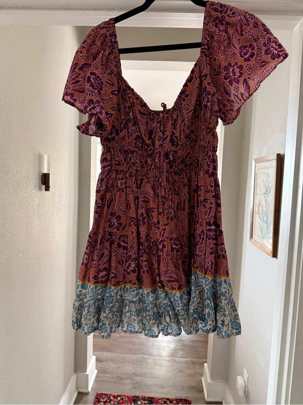 Olivaceous Purple Floral Mini Dress with Blue Hem